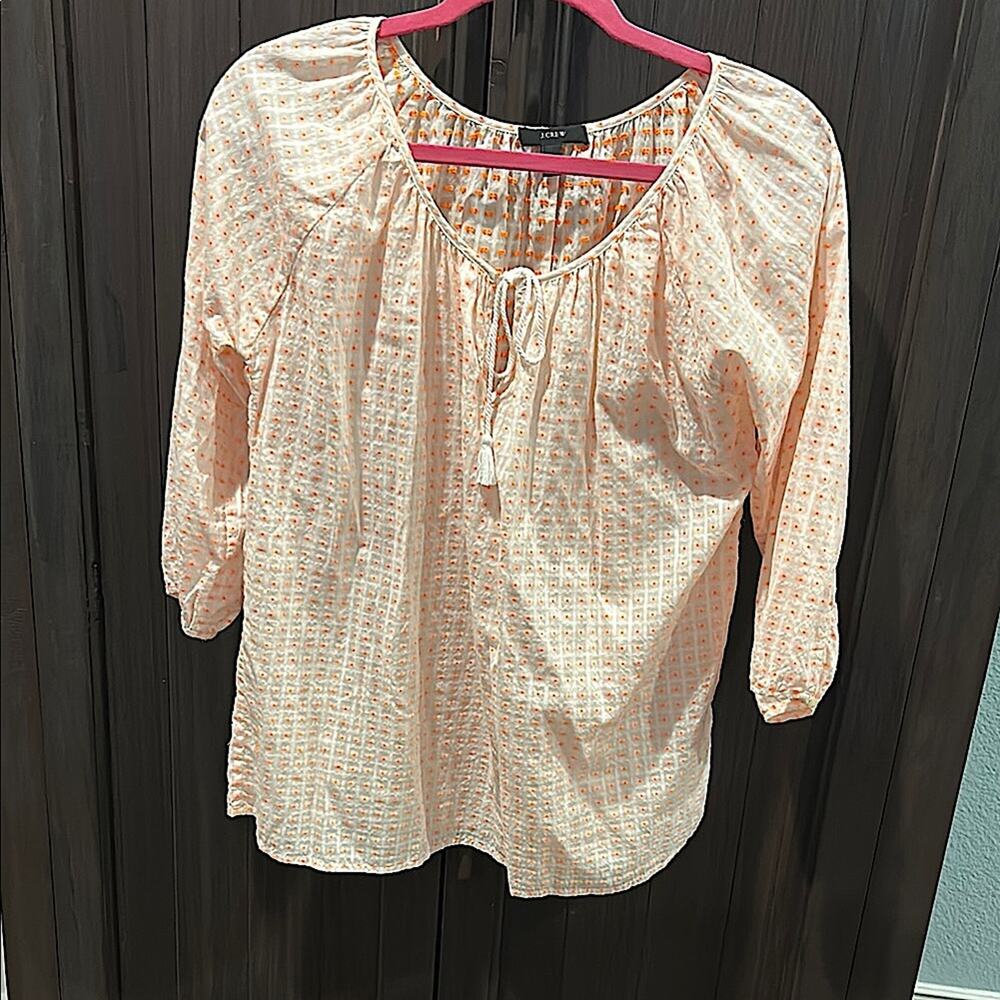 J.Crew Swiss Dot Peasant Blouse Orange White Boho Chic S